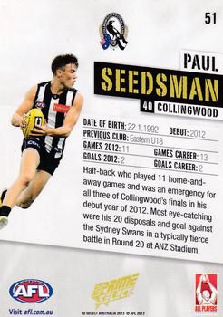 2013 Select Prime AFL #51 Paul Seedsman Back